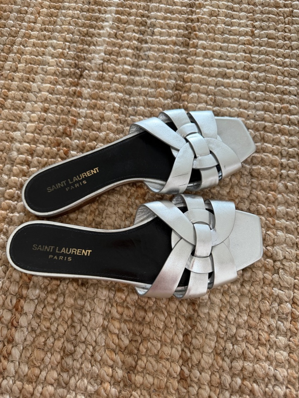 Saint Laurent Silver Braided Leather Slide Mules